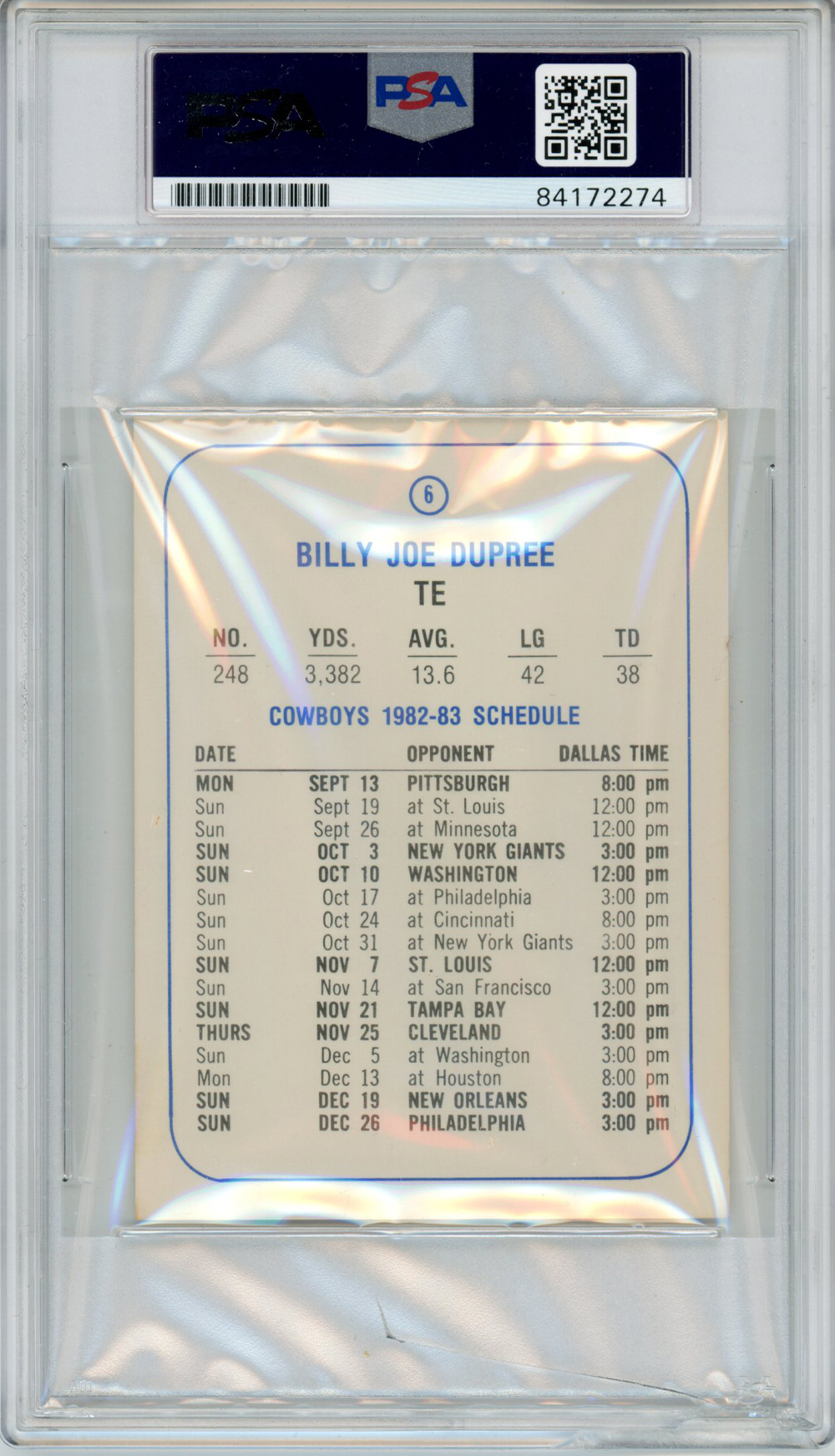 Billy Joe Dupree Autographed Dallas Cowboys 1982 Schedule Card PSA Slab 32908