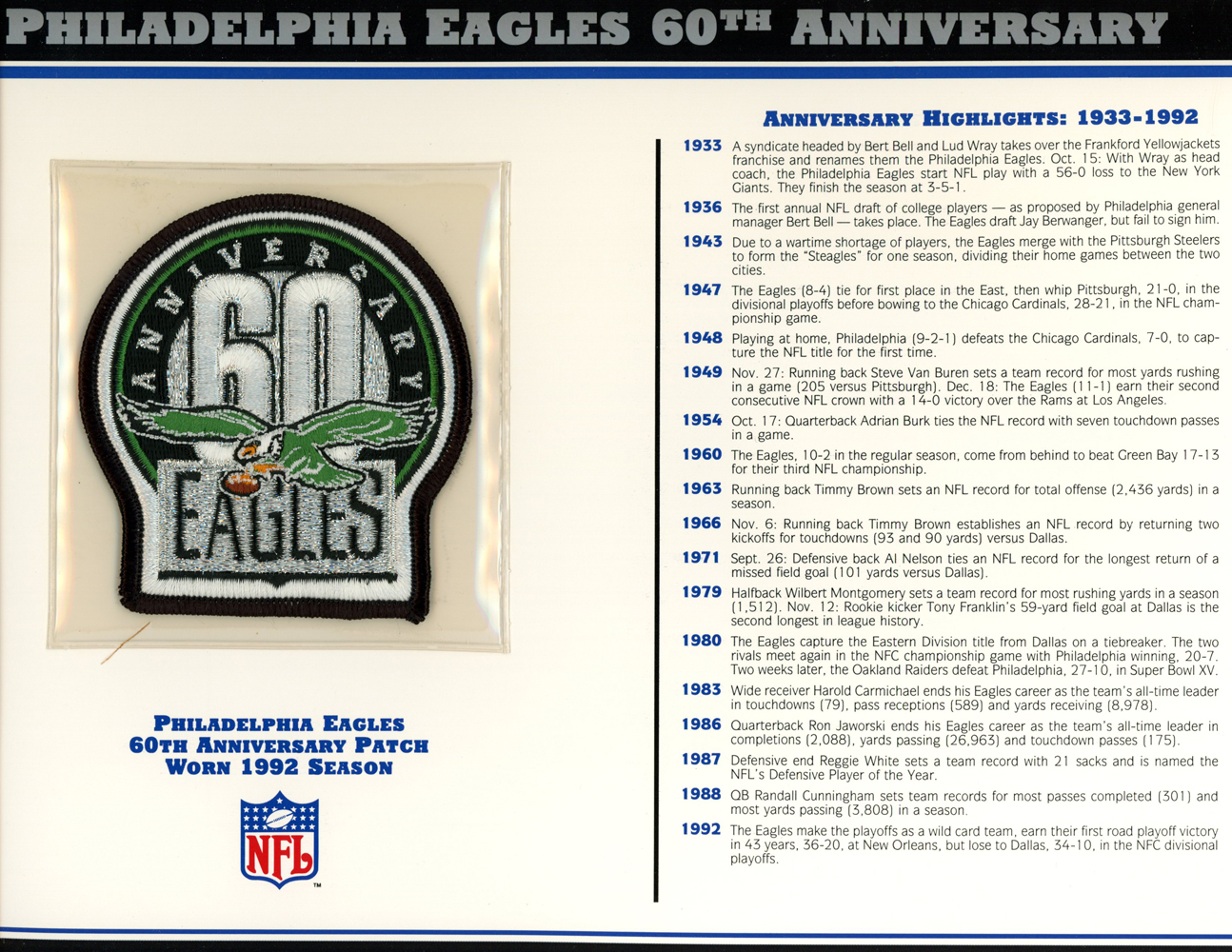 Philadelphia Eagles 60th Anniversary Patch Stat Card Official Willabee & Ward