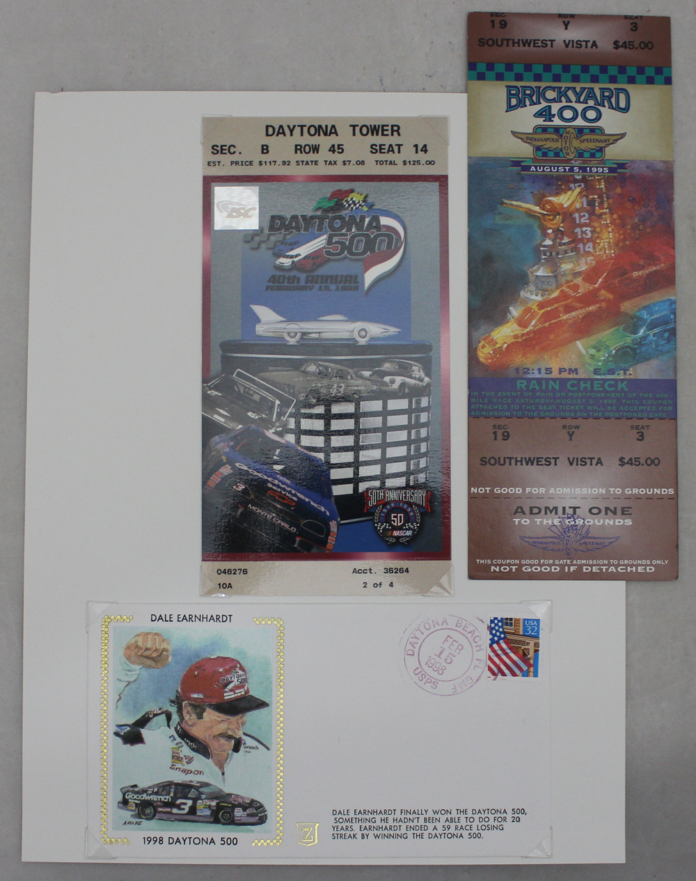 Dale Earnhardt Sr 1998 Daytona 500 Ticket 1995 & Brickyard 400 Ticket