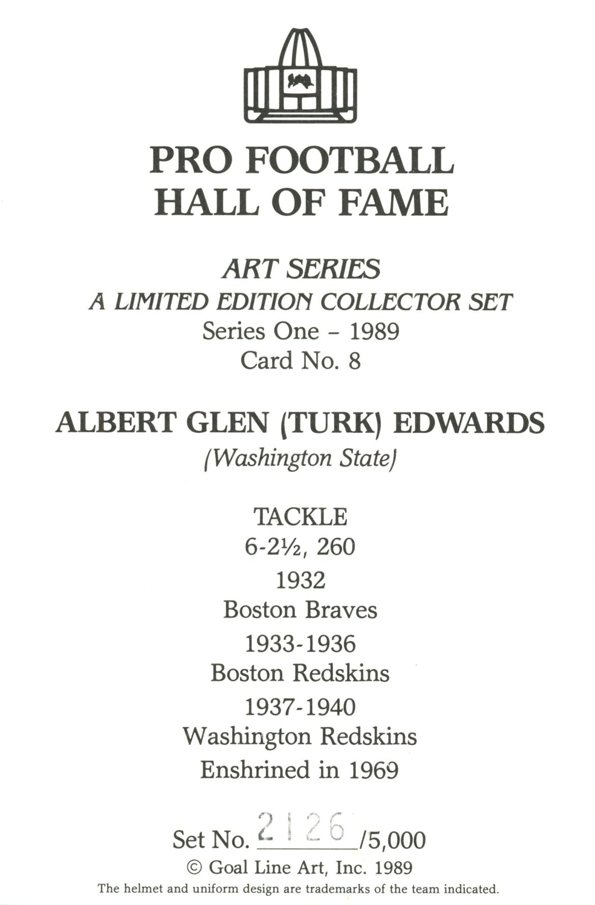 Albert Glen "Turk" Edwards Washington Redskins Goal Line Art Card #8 /5000 58061 2 Albert Glen "Turk" Edwards Washington Redskins Goal Line Art Card #8 /5000 58061