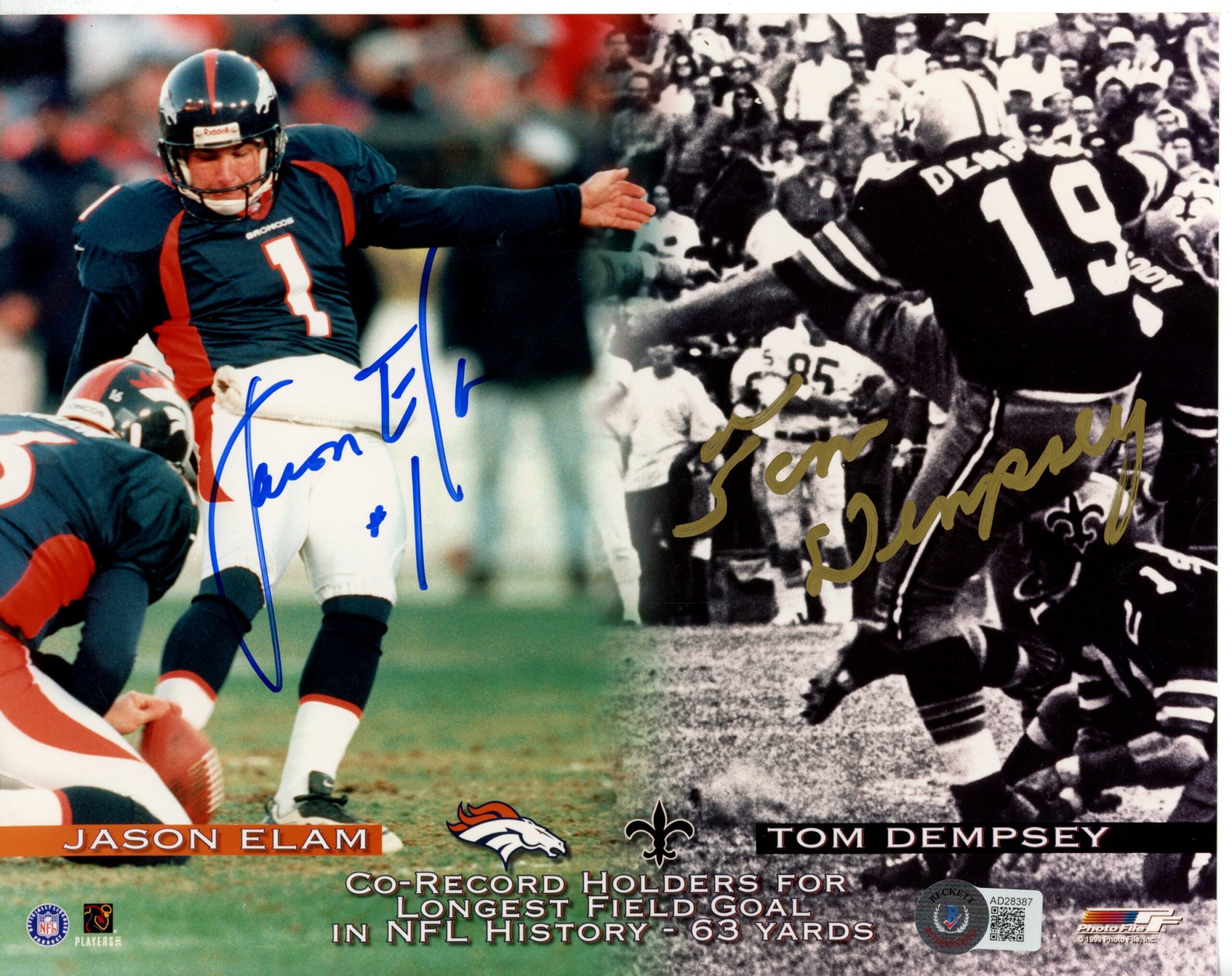 Jason Elam Tom Dempsey Signed Denver Broncos 8x10 Photo 63 yd FG's Beckett 55803