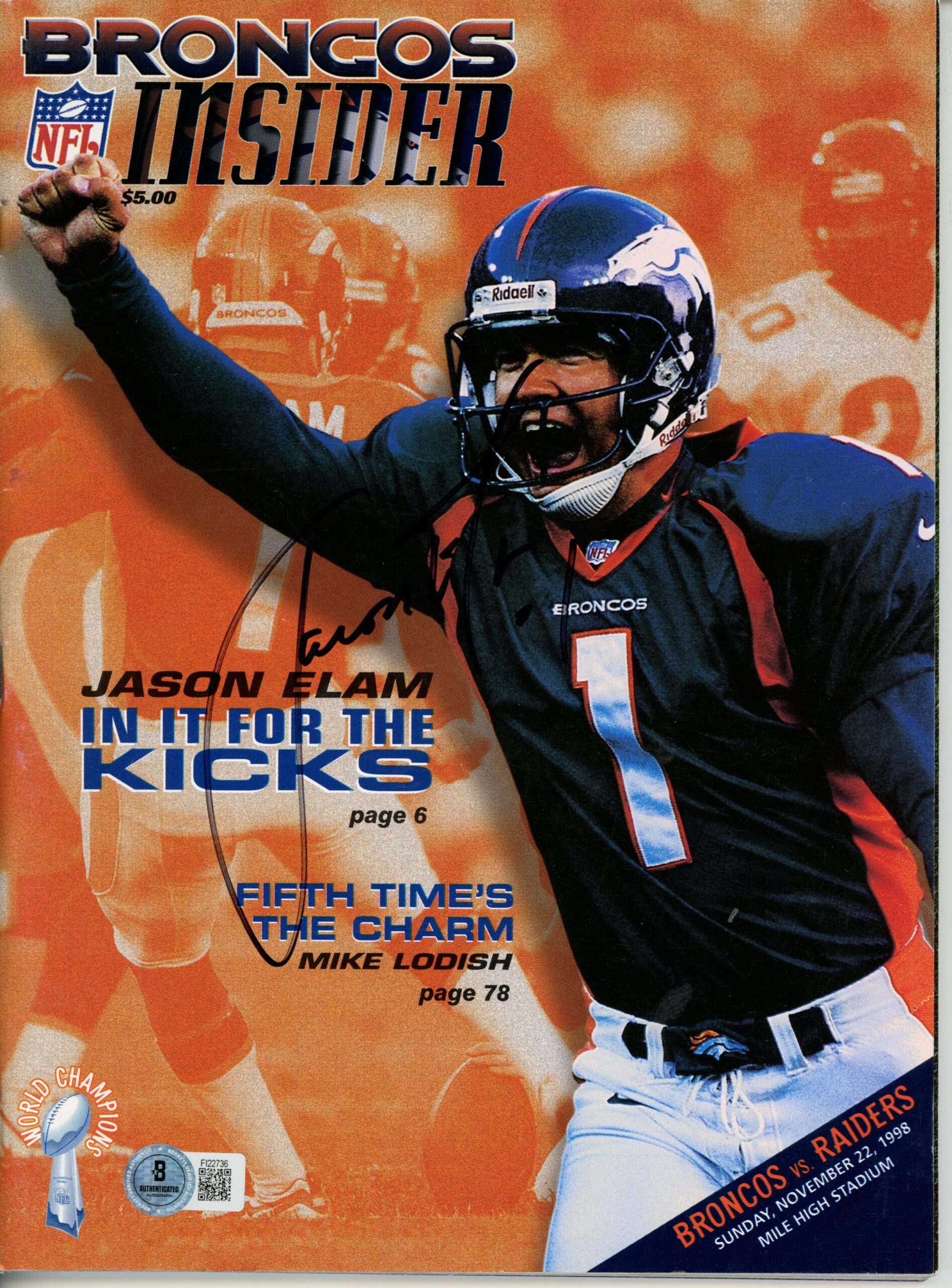 Jason Elam Autographed Denver Broncos 1998 Insider Magazine Beckett 55764
