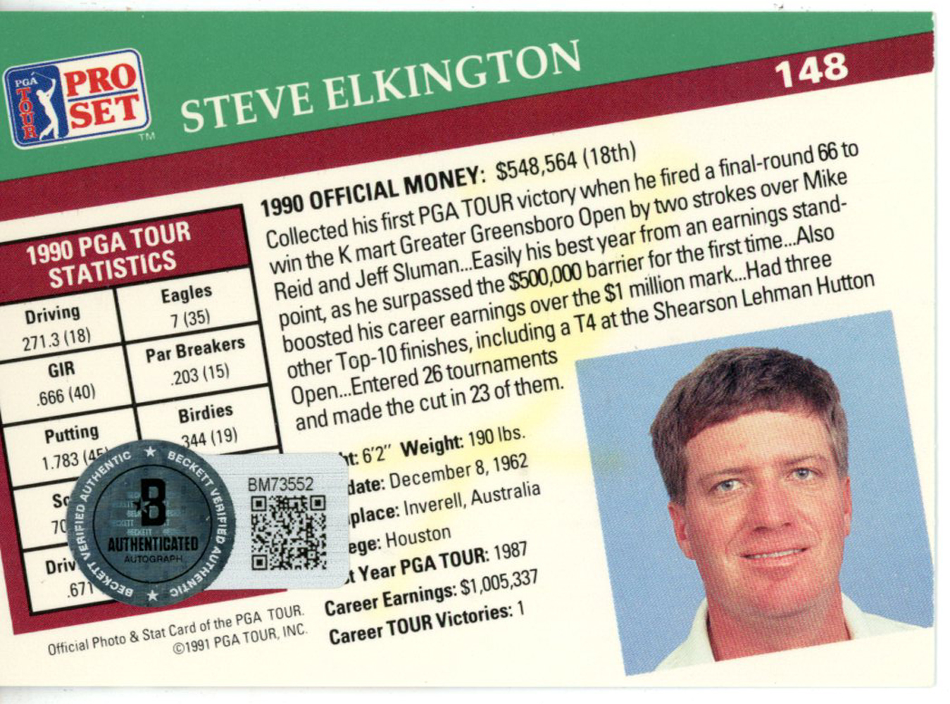 Steve Elkington Autographed 1991 Pro Set #148 Trading Card Beckett 44854