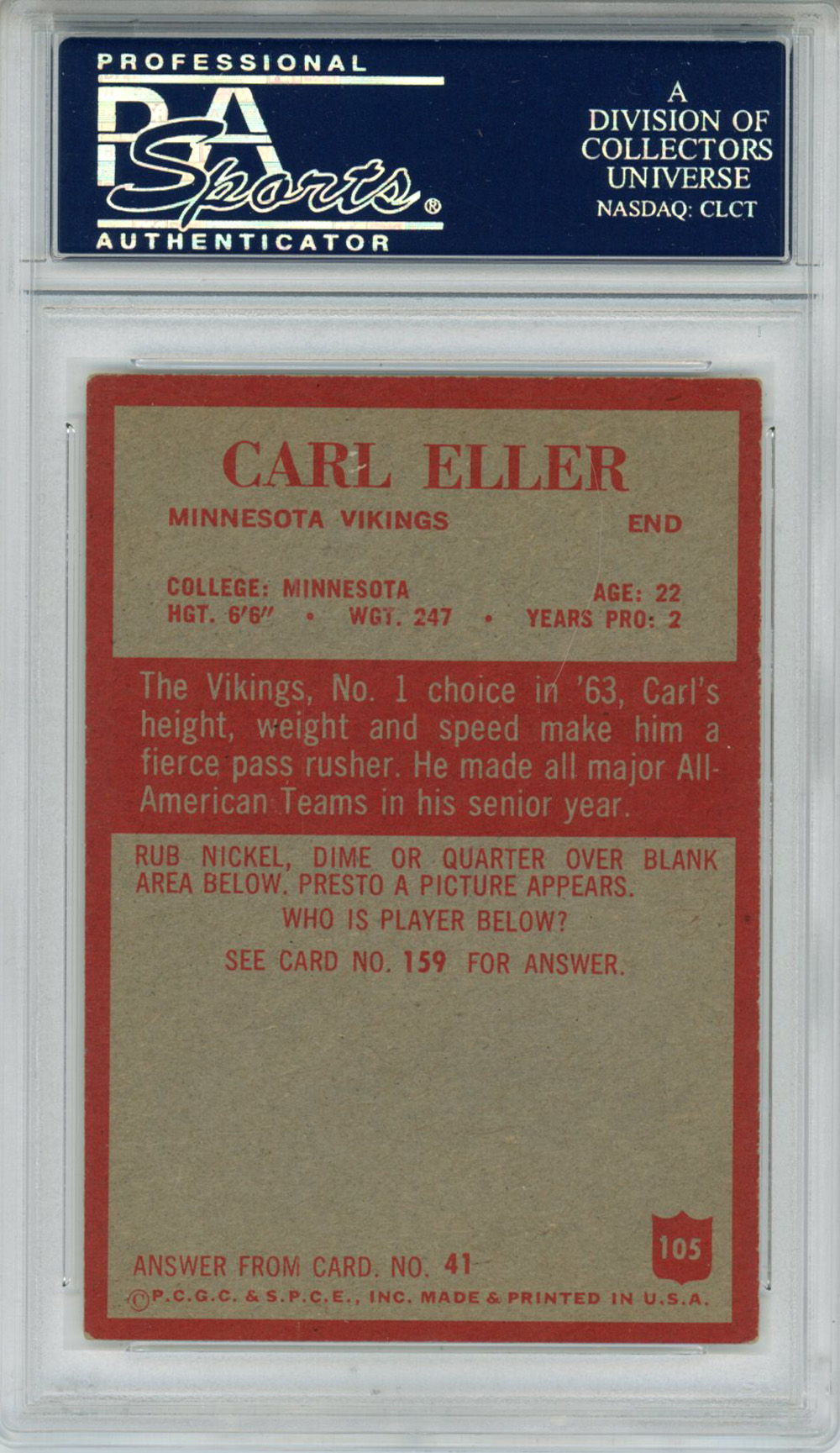 Carl Eller Signed 1965 Philadelphia #105 Trading Card HOF PSA Slab