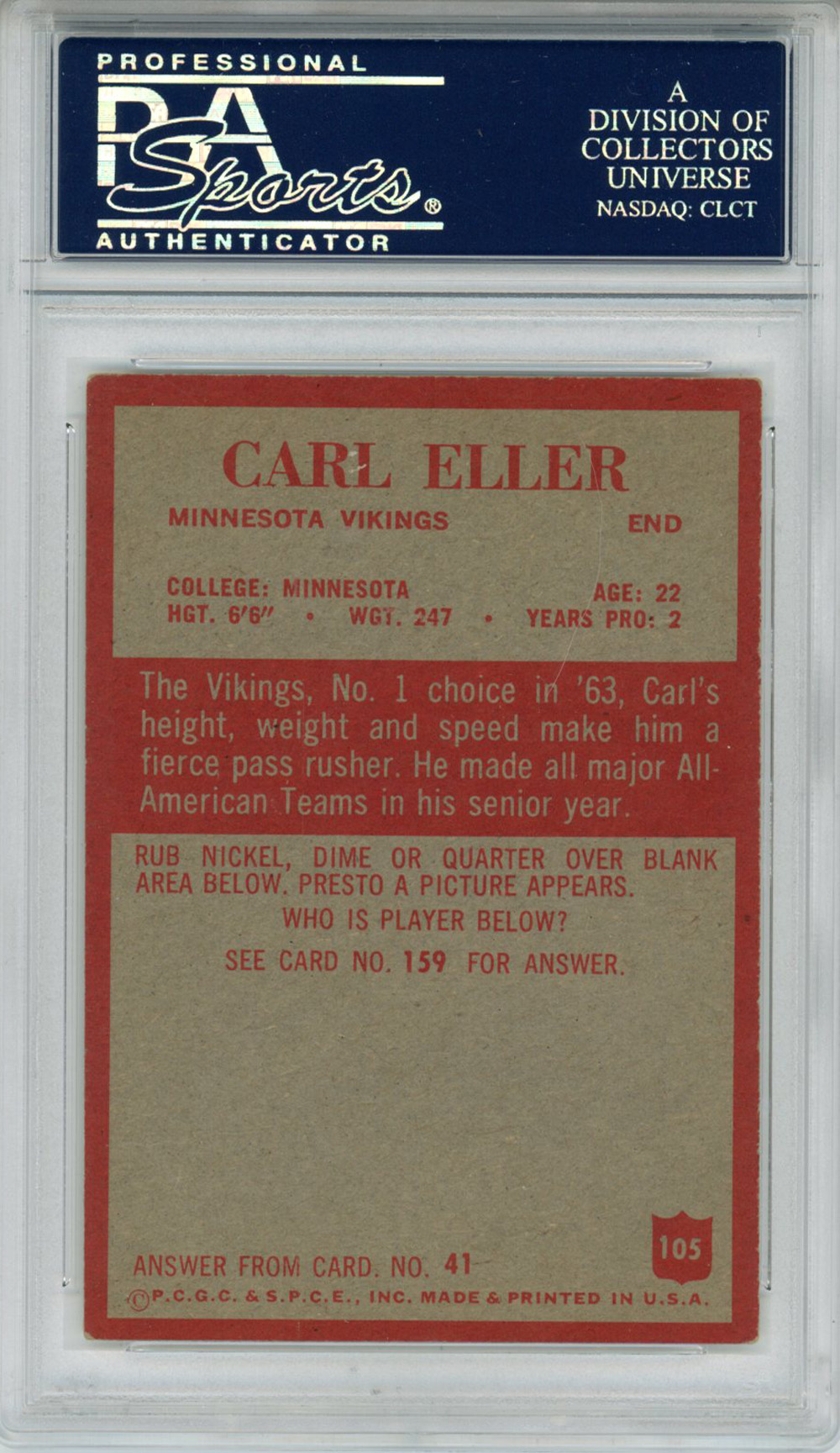 Carl Eller Signed 1965 Philadelphia #105 Trading Card HOF PSA Slab