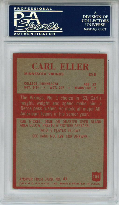 Carl Eller Signed 1965 Philadelphia #105 Trading Card PSA Slab