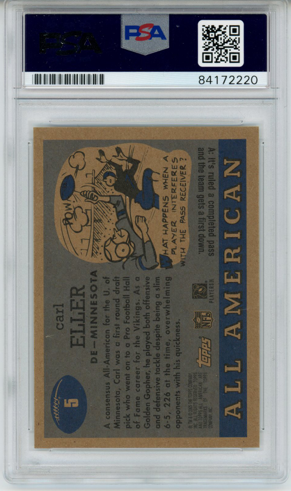 Carl Eller Autographed 2005 Topps All American Trading Card PSA Slab 32582
