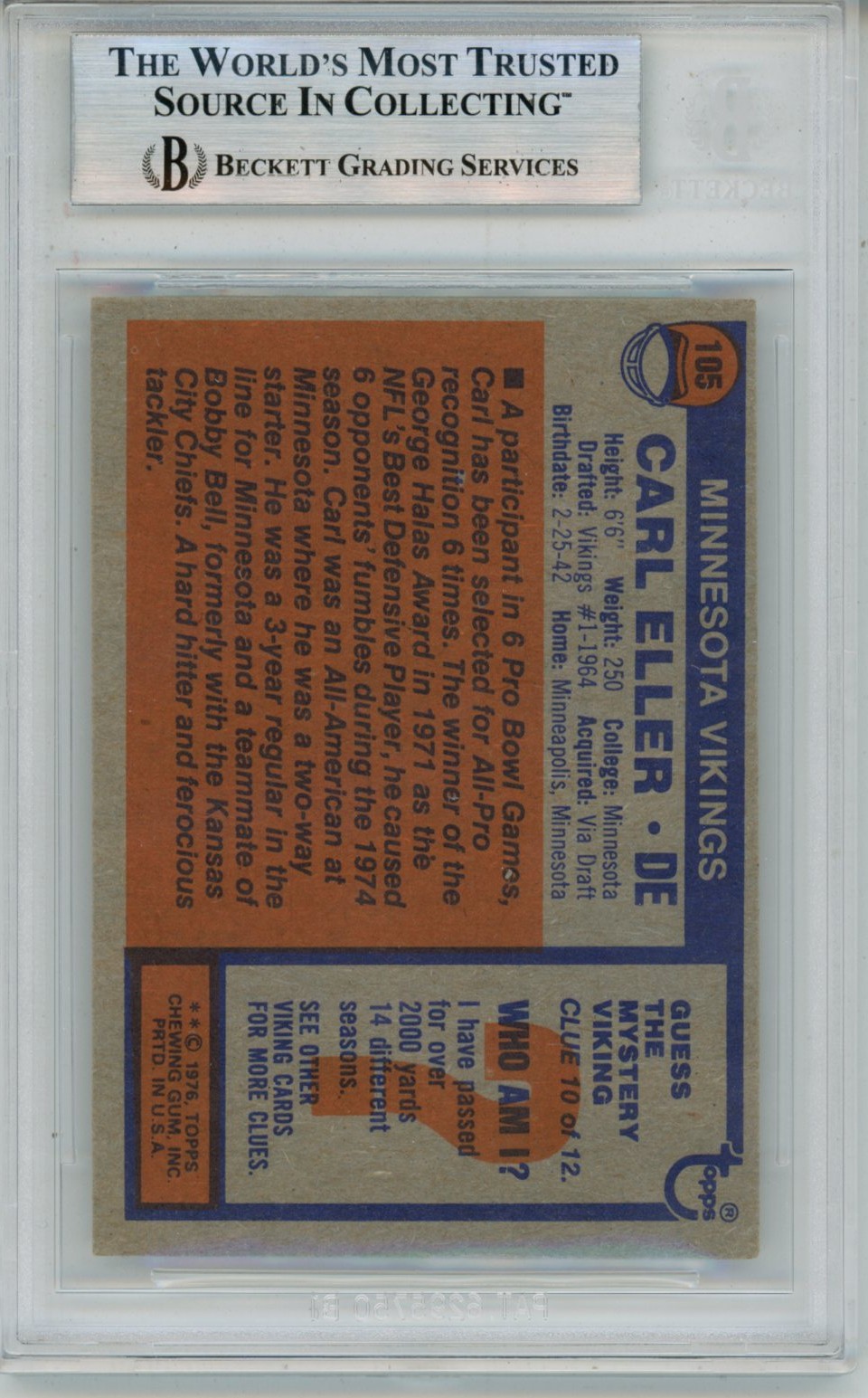 Carl Eller Autographed 1976 Topps #195 Trading Card Slab Beckett 57071 2 Carl Eller Autographed 1976 Topps #195 Trading Card Slab Beckett 57071
