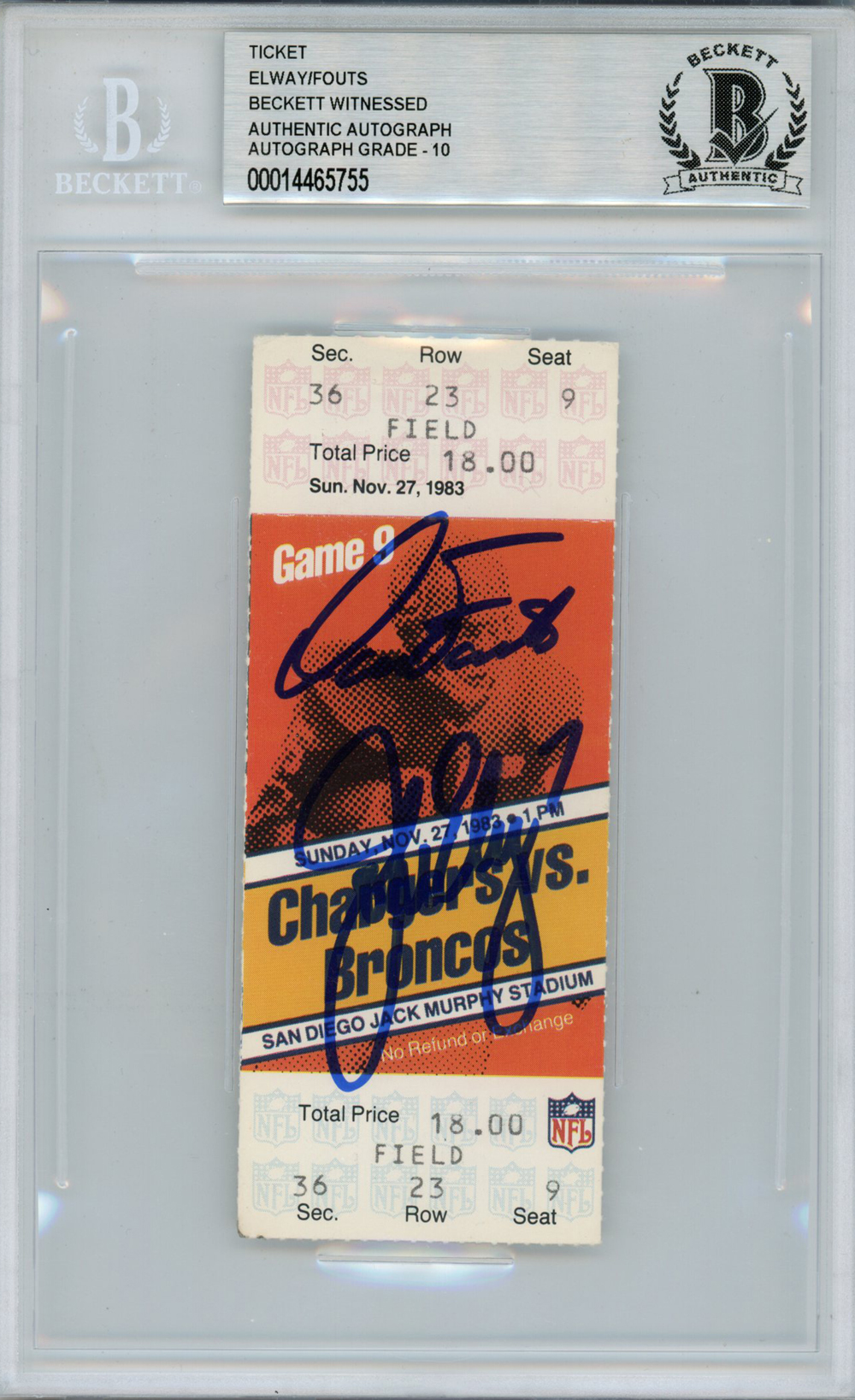 John Elway & Dan Fouts Autographed 11/27/1983 Ticket Stub Beckett Slab