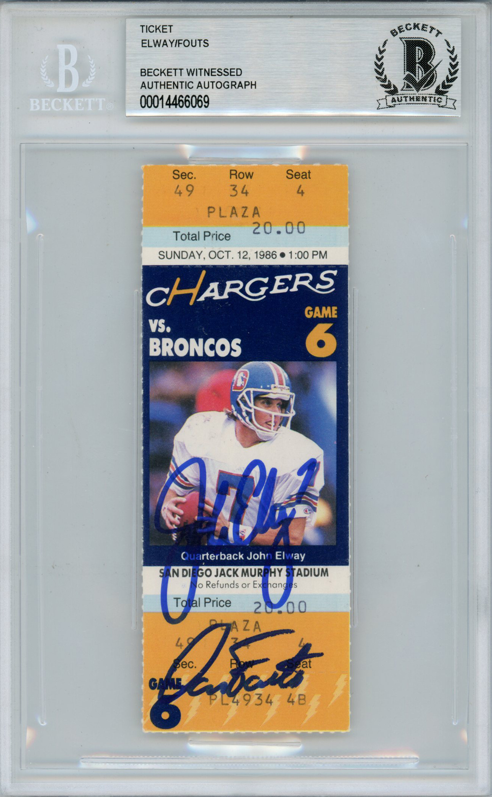 John Elway & Dan Fouts Autographed 10/12/1986 Ticket Stub Beckett Slab