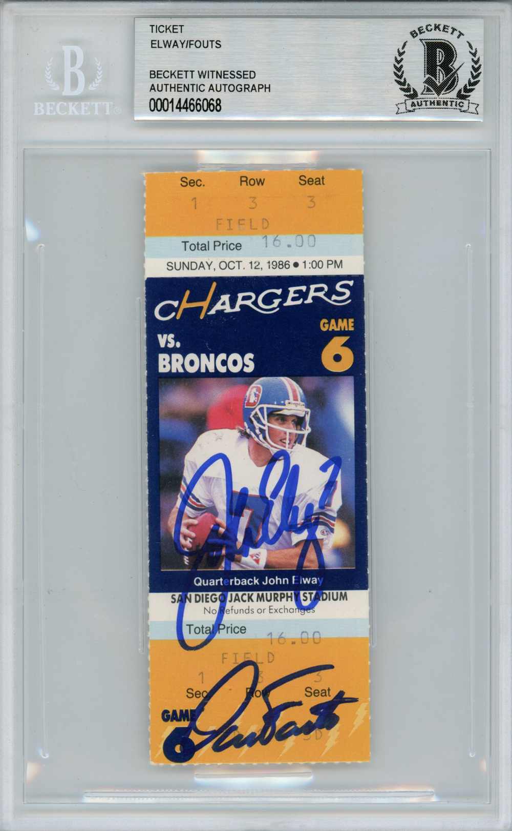 John Elway & Dan Fouts Autographed 10/12/1986 Ticket Stub Beckett Slab