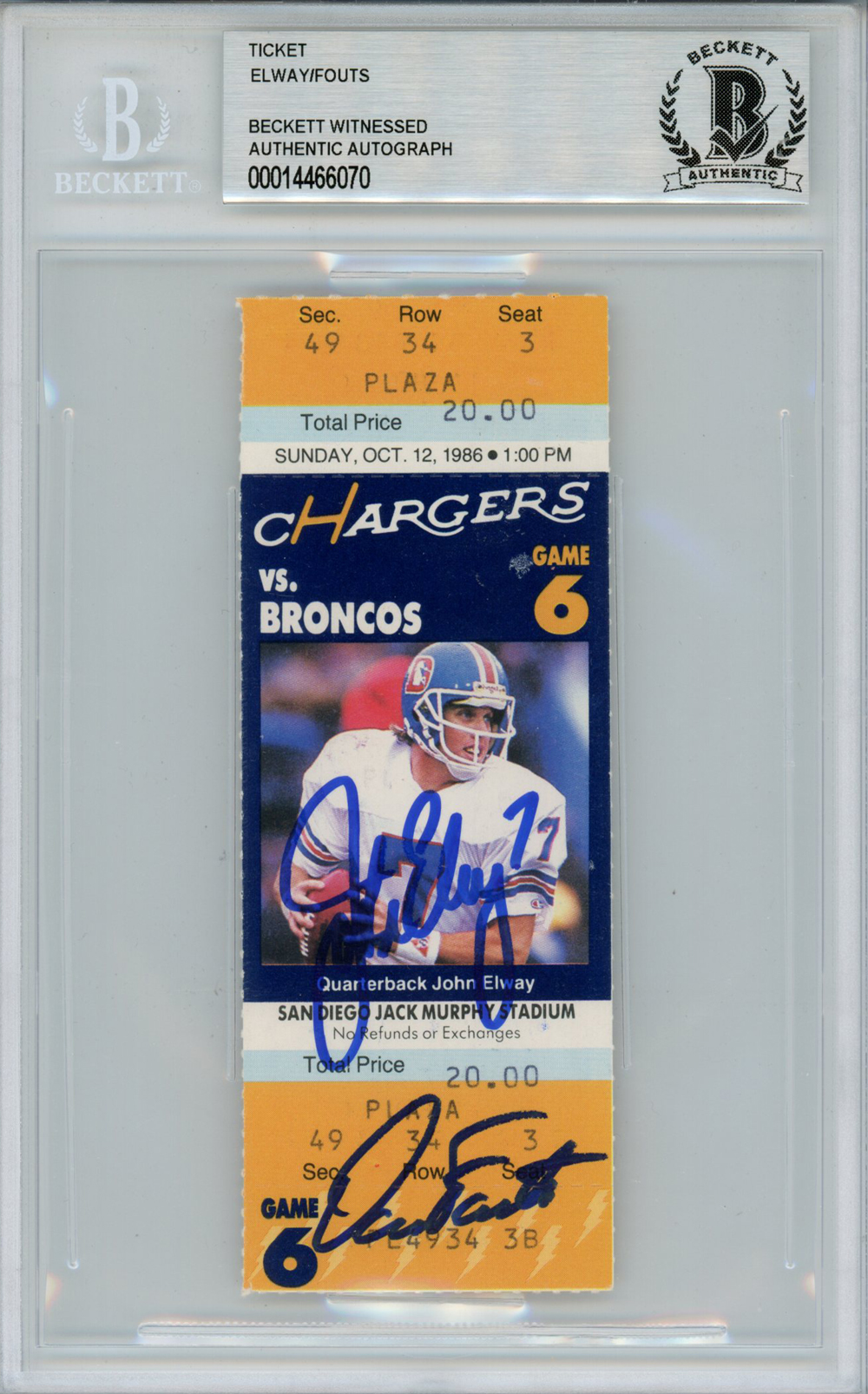 John Elway & Dan Fouts Autographed 10/12/1986 Ticket Stub Beckett Slab