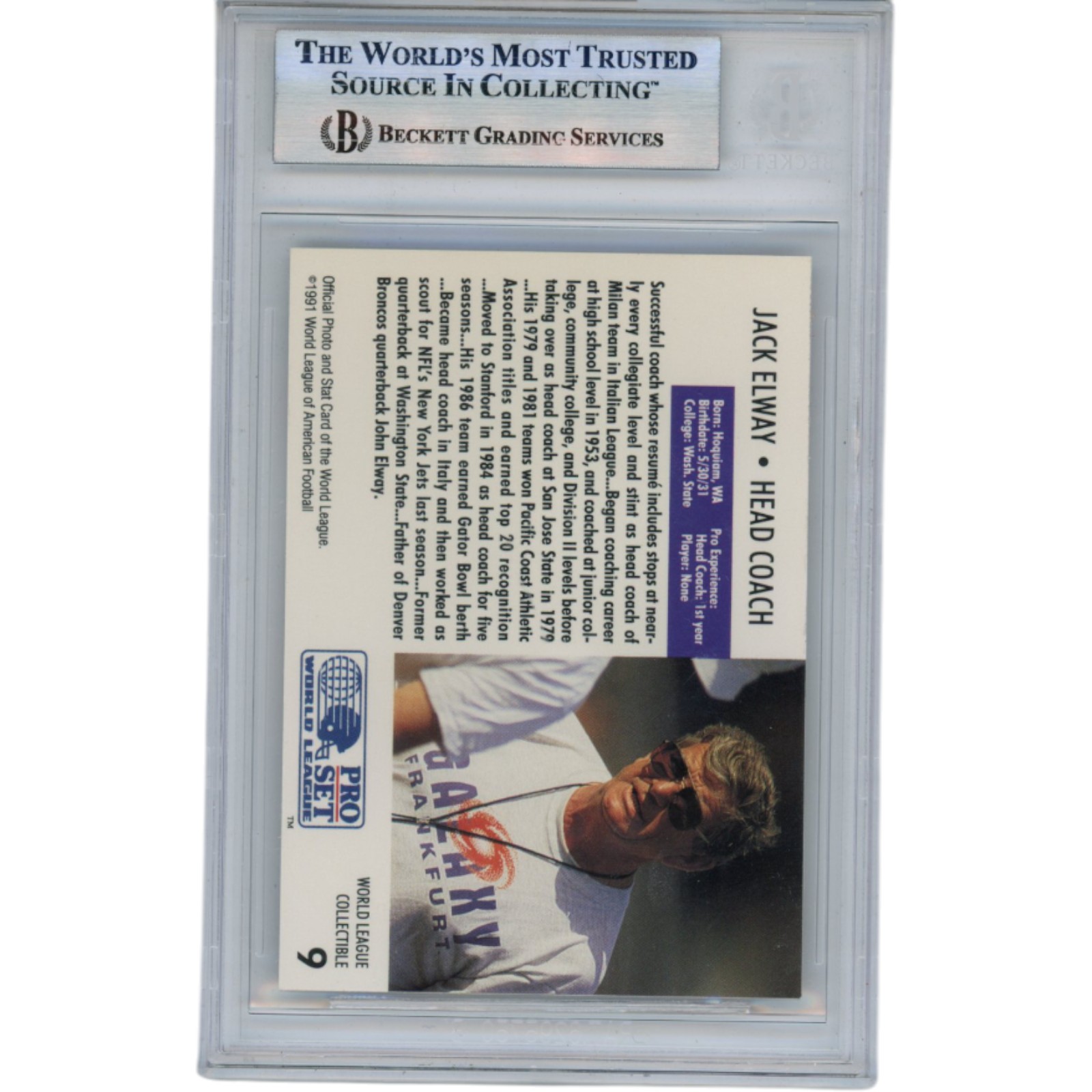 Jack Elway Autographed 91 Pro Set WLAF Insert #9 Trading Card Slab Beckett 51546