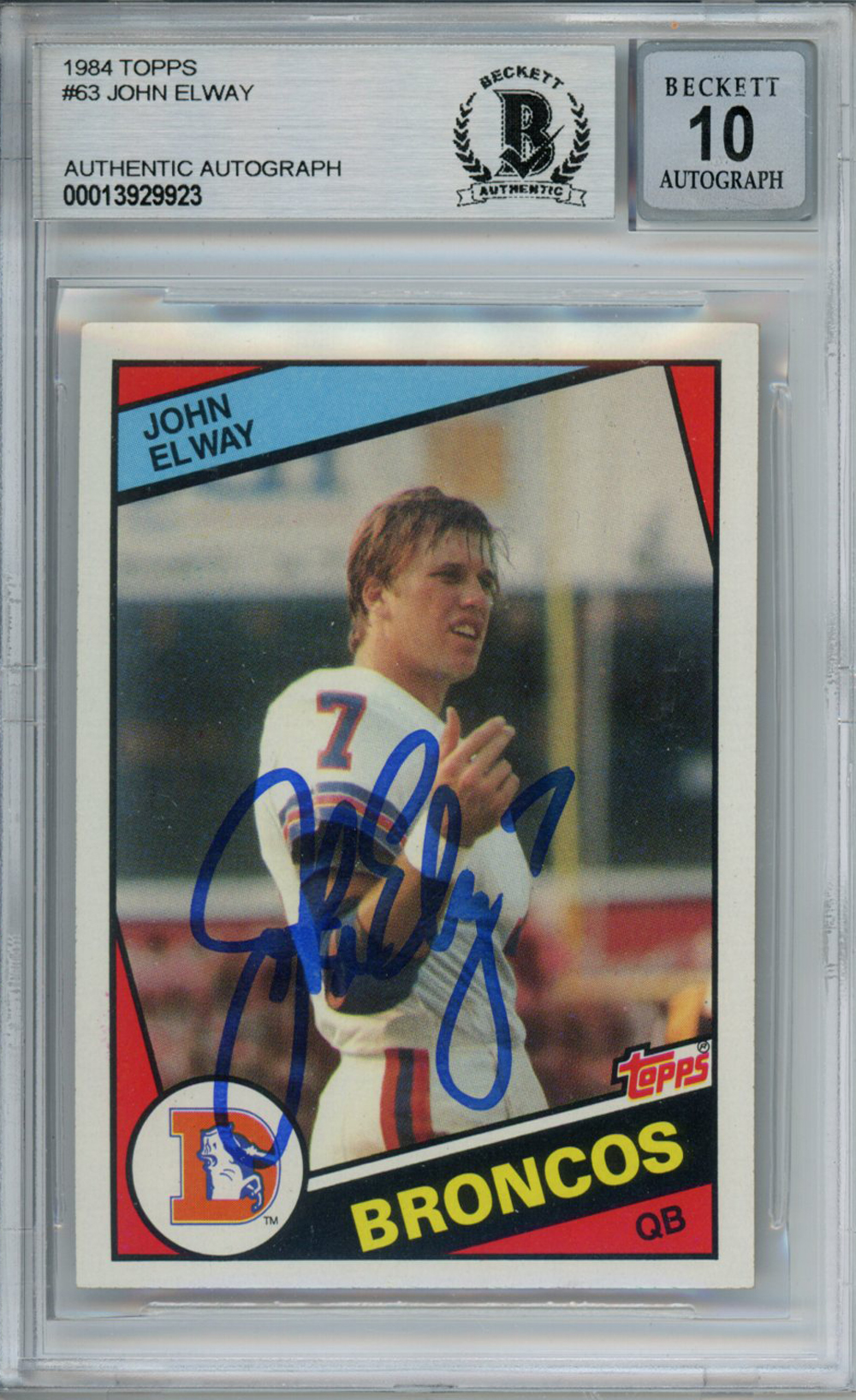 John Elway Autographed 1984 Topps #63 Trading Card Beckett 10 Slab