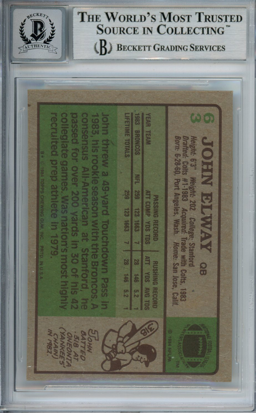 John Elway Autographed 1984 Topps #63 Trading Card Beckett 10 Slab