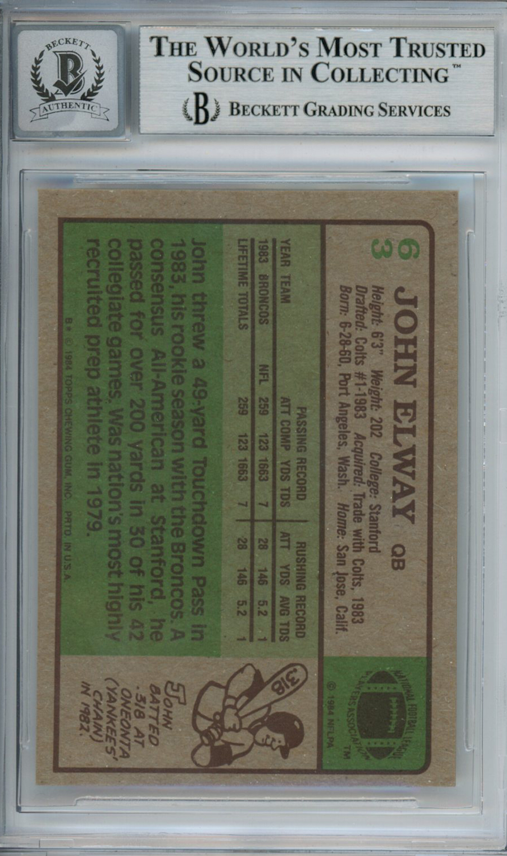 John Elway Autographed 1984 Topps #63 Trading Card Beckett 10 Slab