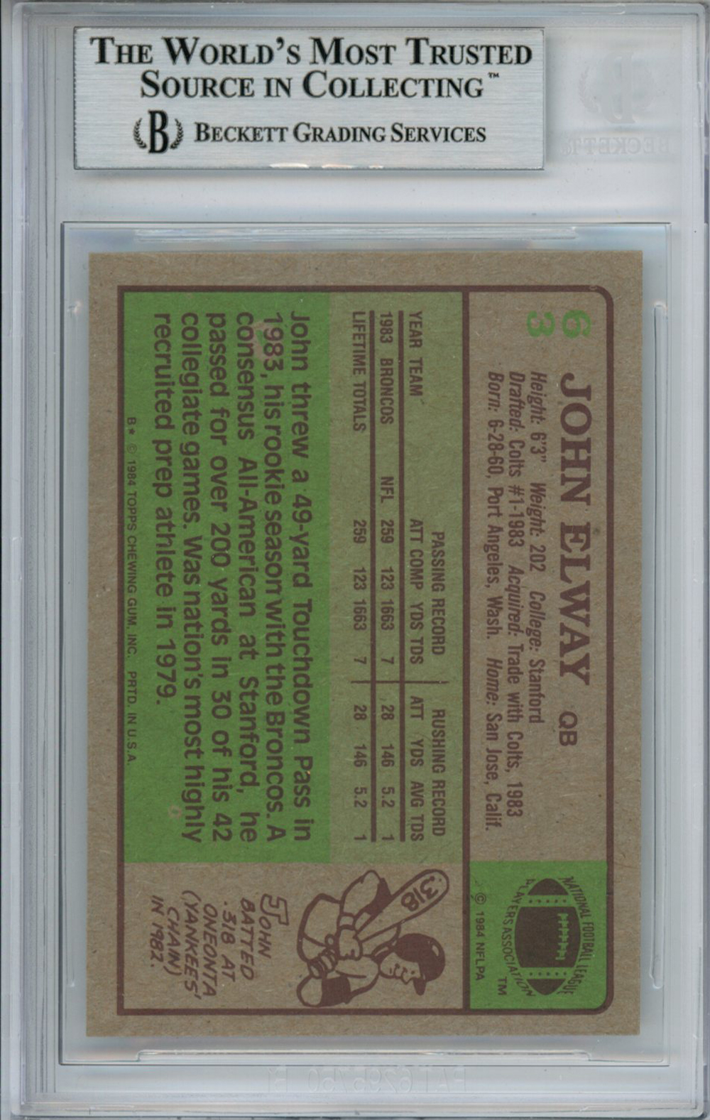 John Elway Autographed 1984 Topps #63 Trading Card Beckett Slab