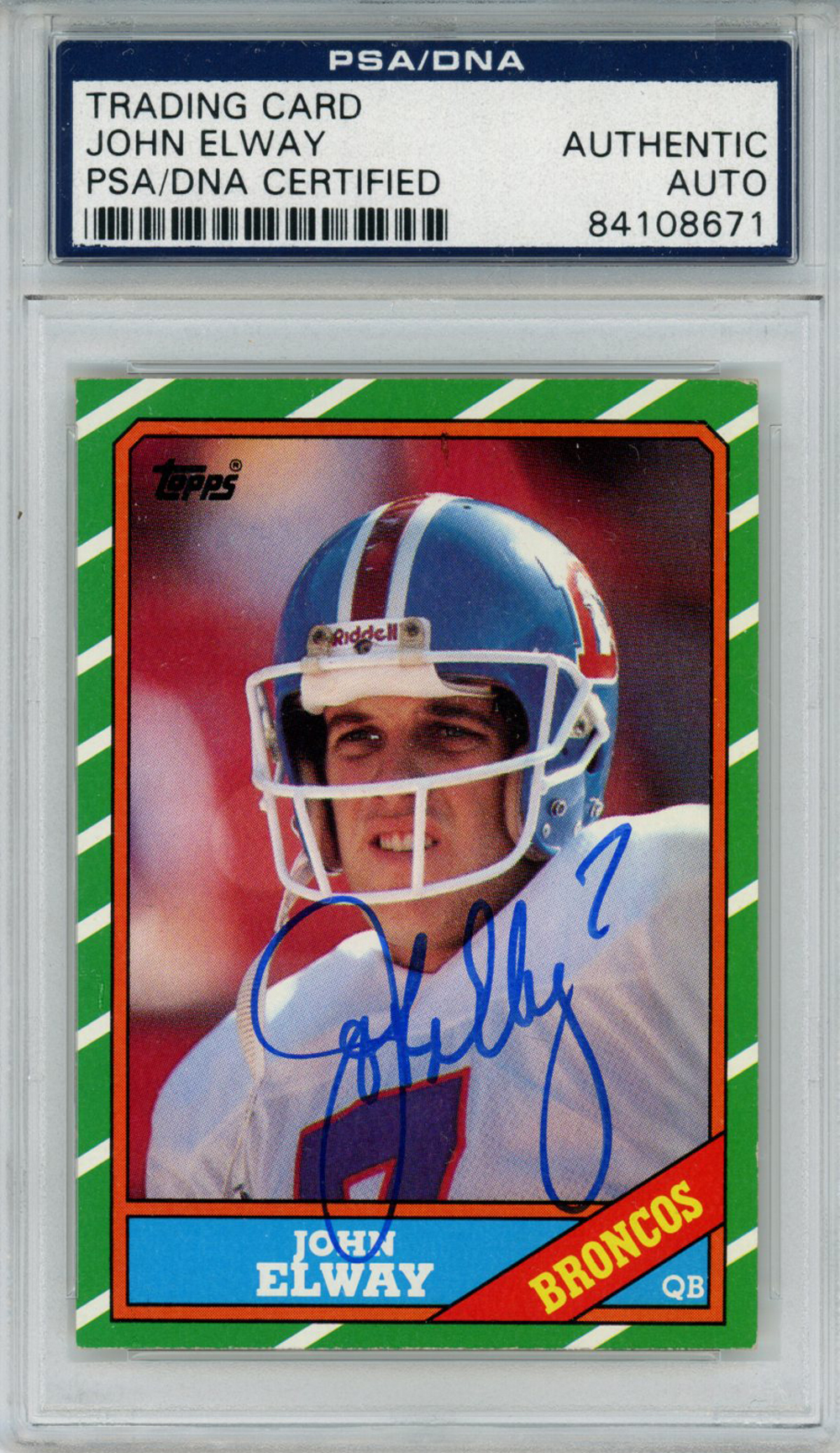 John Elway Autographed Broncos 1986 Topps #112 Trading Card PSA Slab 32868