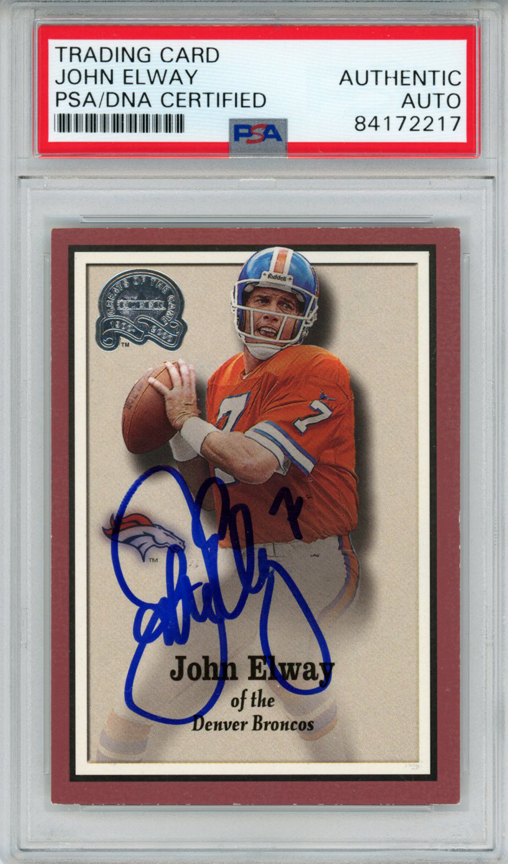 John Elway Autographed/Signed Broncos 2000 Fleer #50 Trading Card PSA Slab 32877