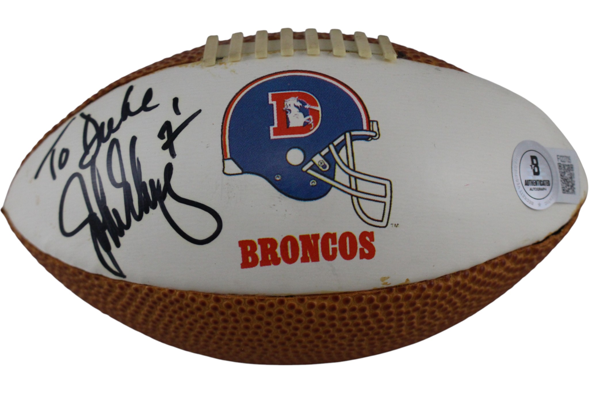John Elway Autographed Denver Broncos 90 Ball Mini "To Duke" As Is Beckett 52873 1 John Elway Autographed Denver Broncos 90 Ball Mini "To Duke" As Is Beckett 52873