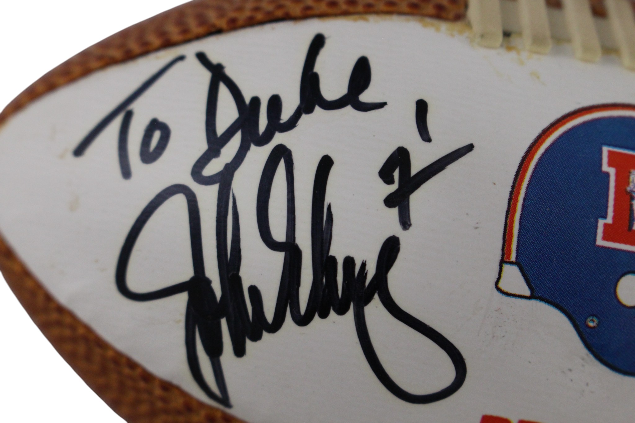 John Elway Autographed Denver Broncos 90 Ball Mini "To Duke" As Is Beckett 52873 2 John Elway Autographed Denver Broncos 90 Ball Mini "To Duke" As Is Beckett 52873
