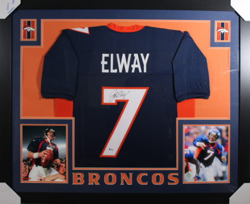 John Elway Autographed Denver Broncos Framed Blue XL Jersey BAS 20162