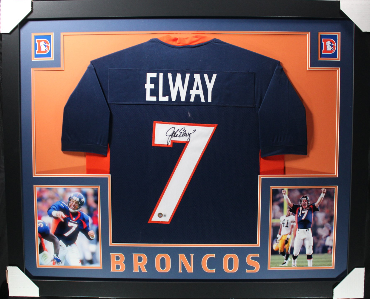 John Elway Autographed/Signed Pro Style Framed Blue XL Jersey Beckett