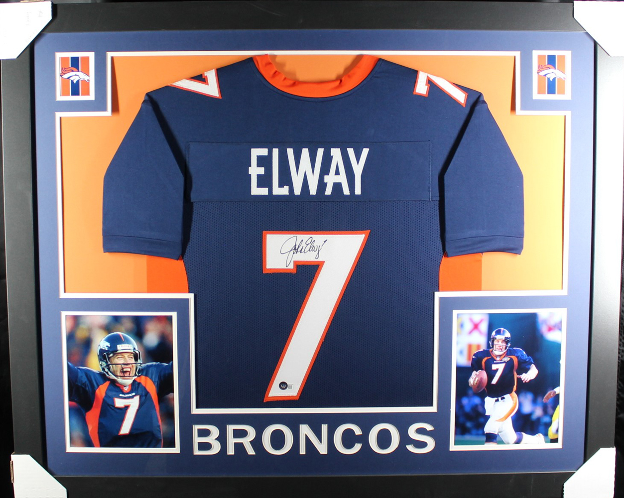 John Elway Autographed/Signed Pro Style Framed Blue XL Jersey Beckett