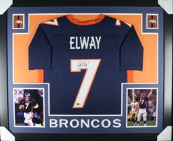 John Elway Autographed/Signed Pro Style Blue XL Framed Jersey Beckett 51212