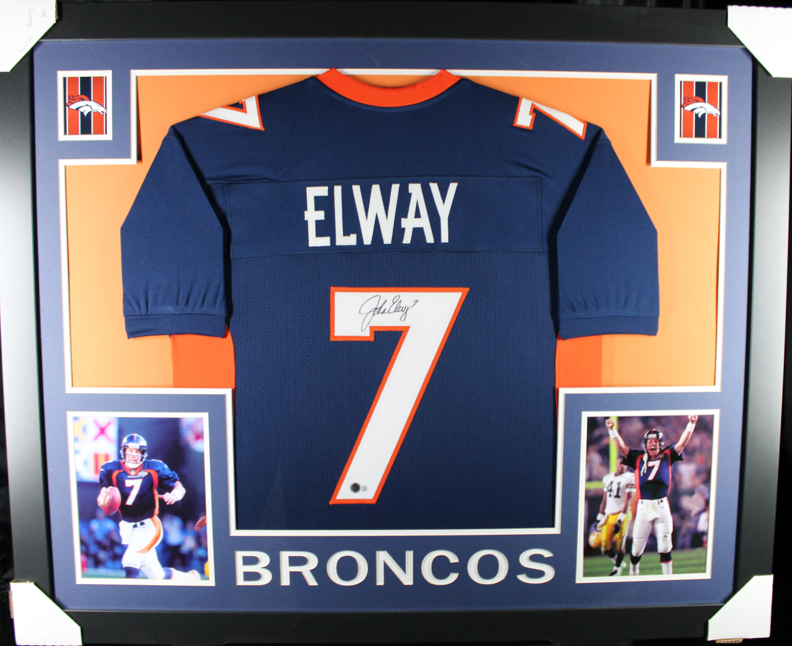 John Elway Autographed Pro Style Sz XL Blue Framed Jersey 35x43 Beckett 57296