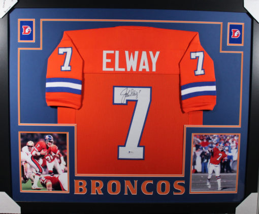 John Elway Autographed Denver Broncos Framed Orange XL Jersey JSA 20163
