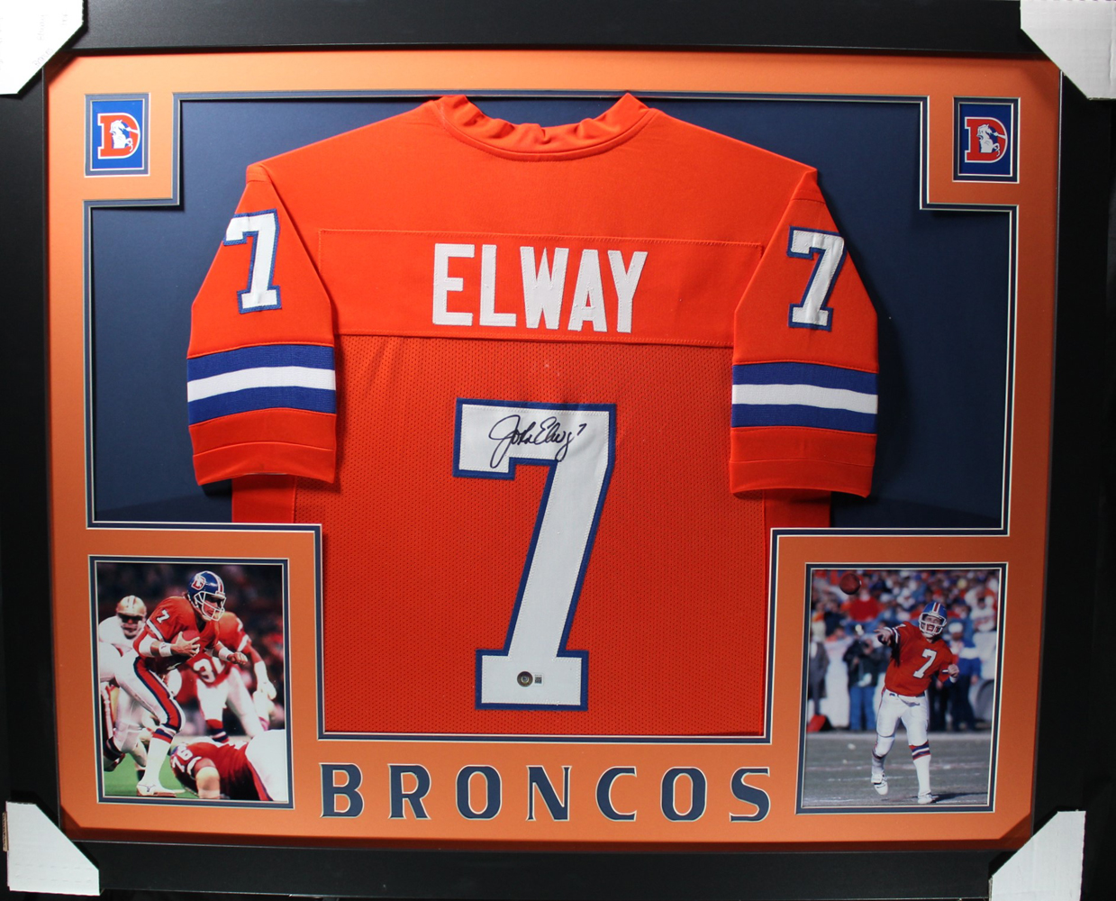 John Elway Autographed/Signed Pro Style Framed Orange XL Jersey Beckett