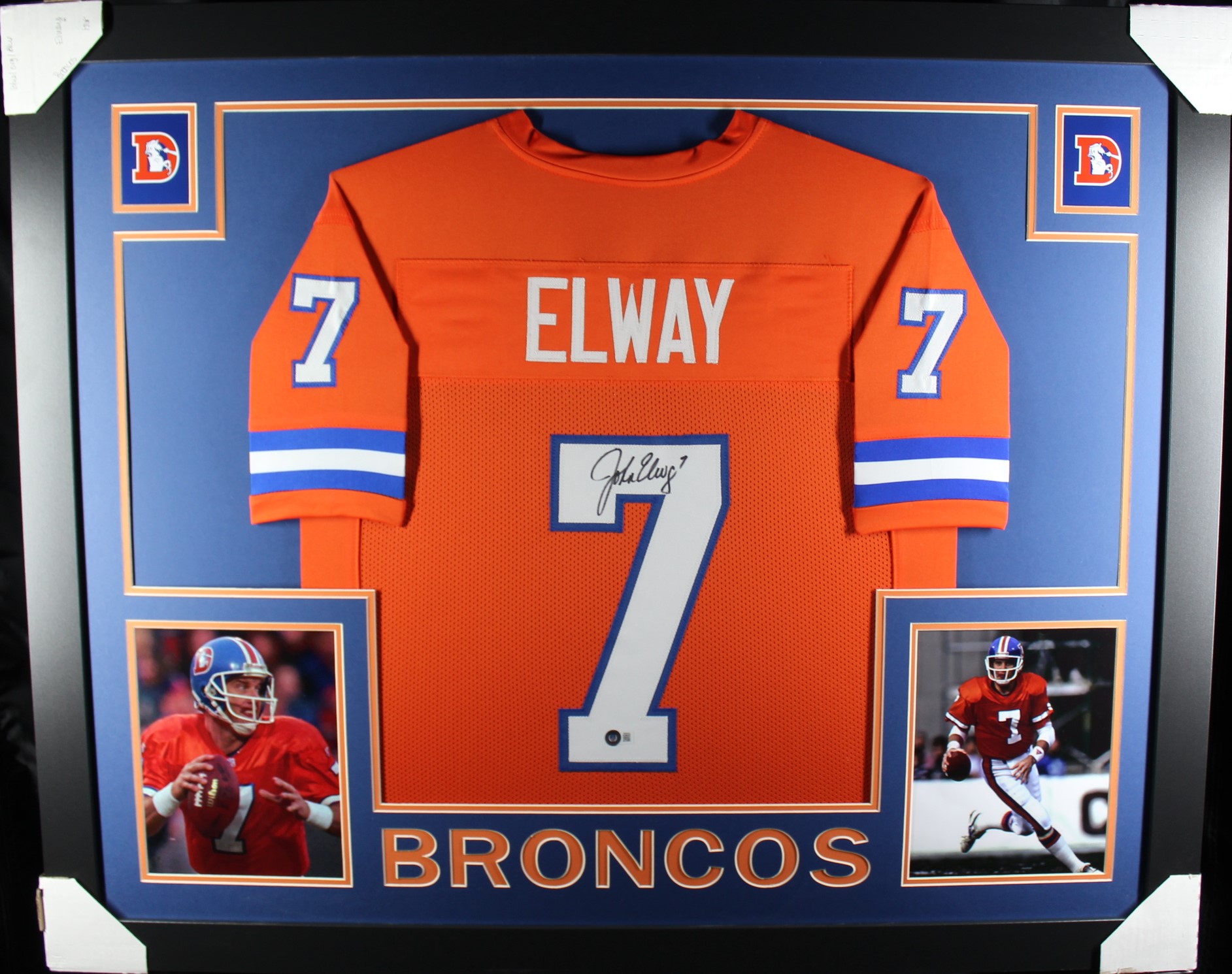 John Elway Autographed Pro Style Framed Orange XL Jersey Beckett