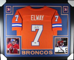 John Elway Autographed/Signed Pro Style Orange XL Framed Jersey Beckett 51213
