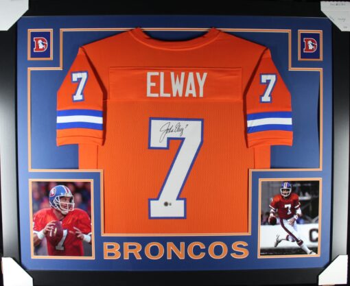 John Elway Autographed/Signed Pro Style Orange XL Framed Jersey Beckett 51213