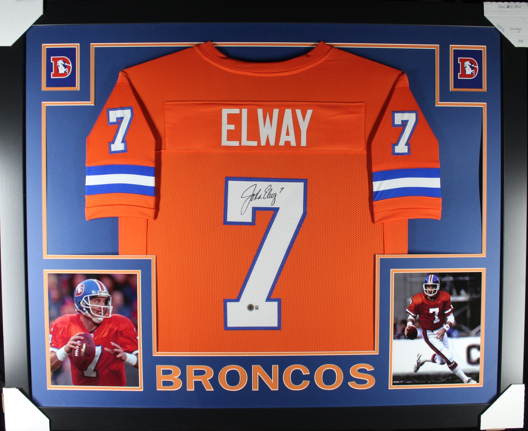 John Elway Autographed/Signed Pro Style Orange XL Framed Jersey Beckett 51213