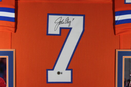 John Elway Autographed/Signed Pro Style Orange XL Framed Jersey Beckett 51213