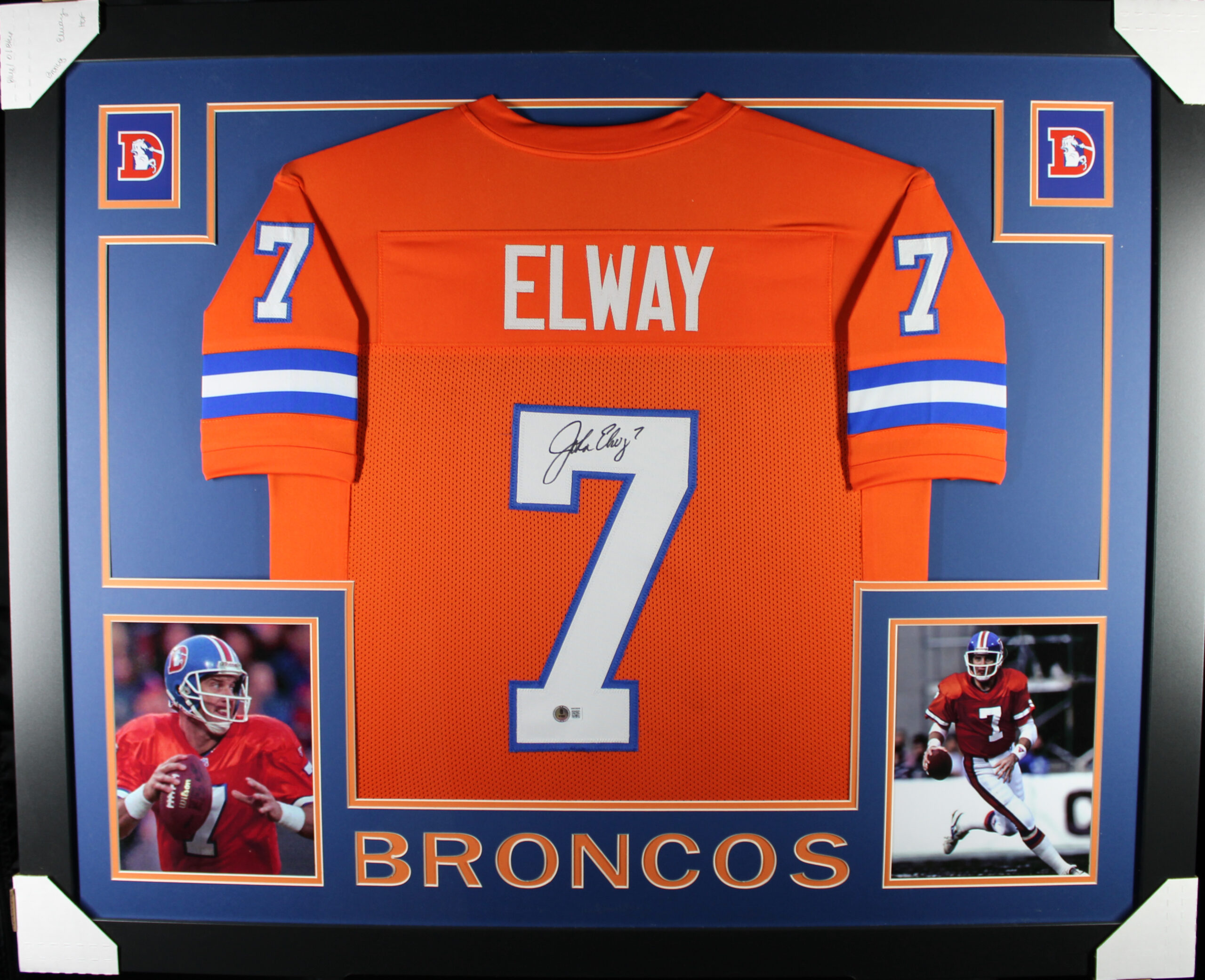 John Elway Autographed Pro Style Sz XL Orange Framed Jersey 35x43 Beckett 57295 1 John Elway Autographed Pro Style Sz XL Orange Framed Jersey 35x43 Beckett 57295