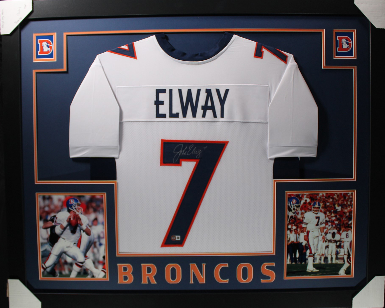 John Elway Autographed/Signed Pro Style Framed White XL Jersey Beckett