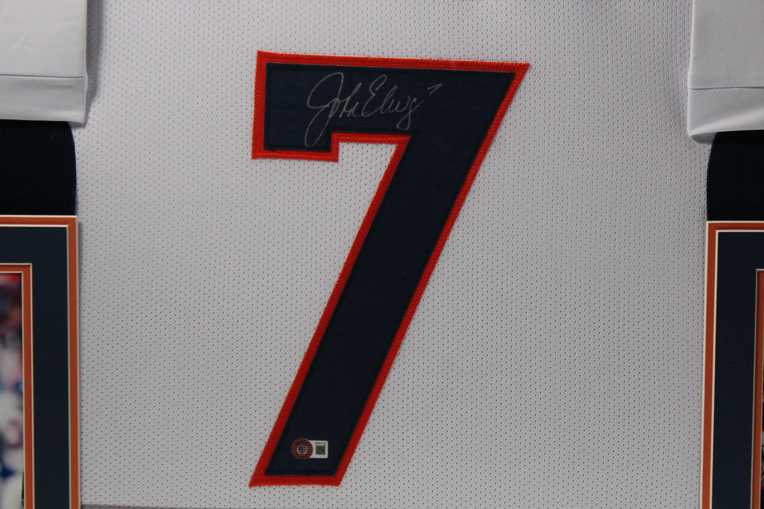 John Elway Autographed/Signed Pro Style Framed White XL Jersey Beckett
