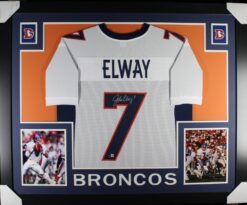 John Elway Autographed/Signed Pro Style White XL Framed Jersey Beckett 51214
