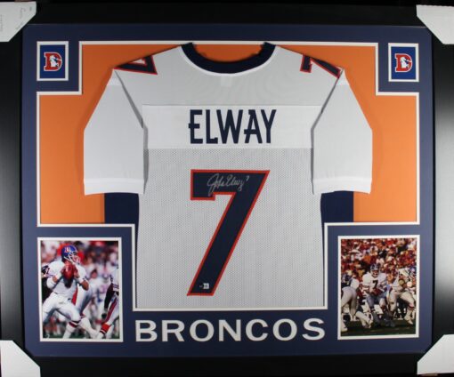 John Elway Autographed/Signed Pro Style White XL Framed Jersey Beckett 51214