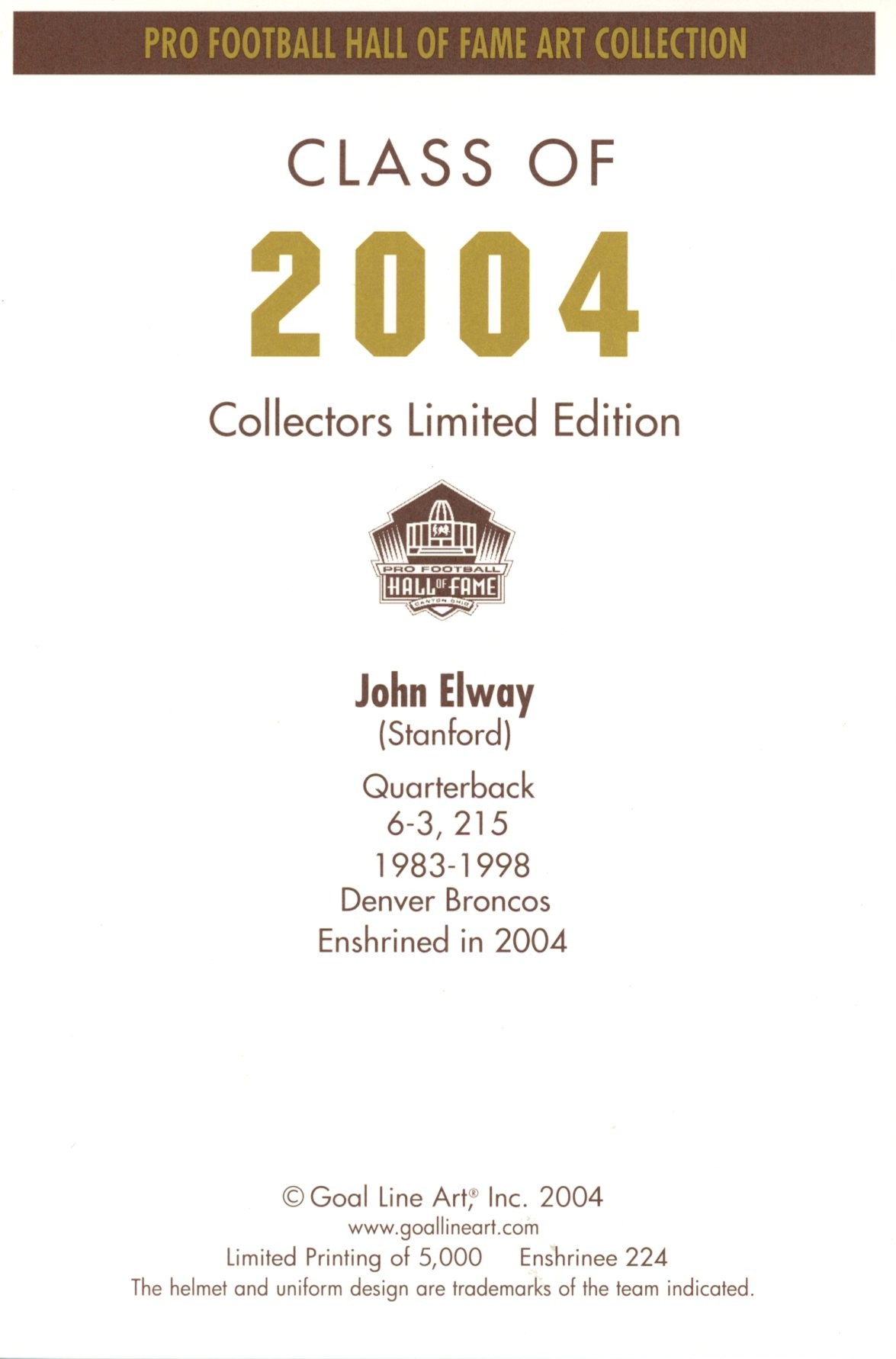John Elway Denver Broncos Goal Line Art Card Class of 2004 58062 2 John Elway Denver Broncos Goal Line Art Card Class of 2004 58062