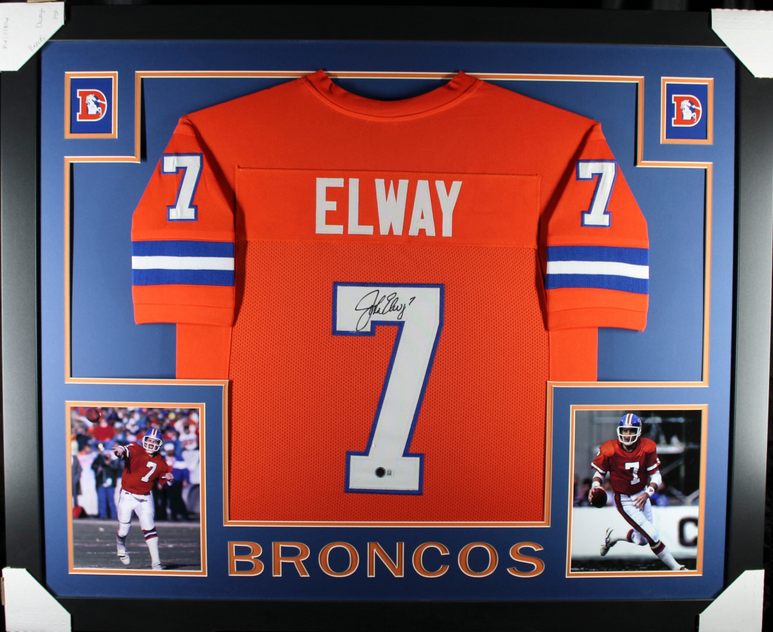John Elway Signed Denver Broncos Framed Jersey Orange TB #7 Beckett WIT 58642