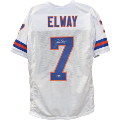 John Elway Autographed/Signed Pro Style White XL TB Jersey Beckett Witness 50185