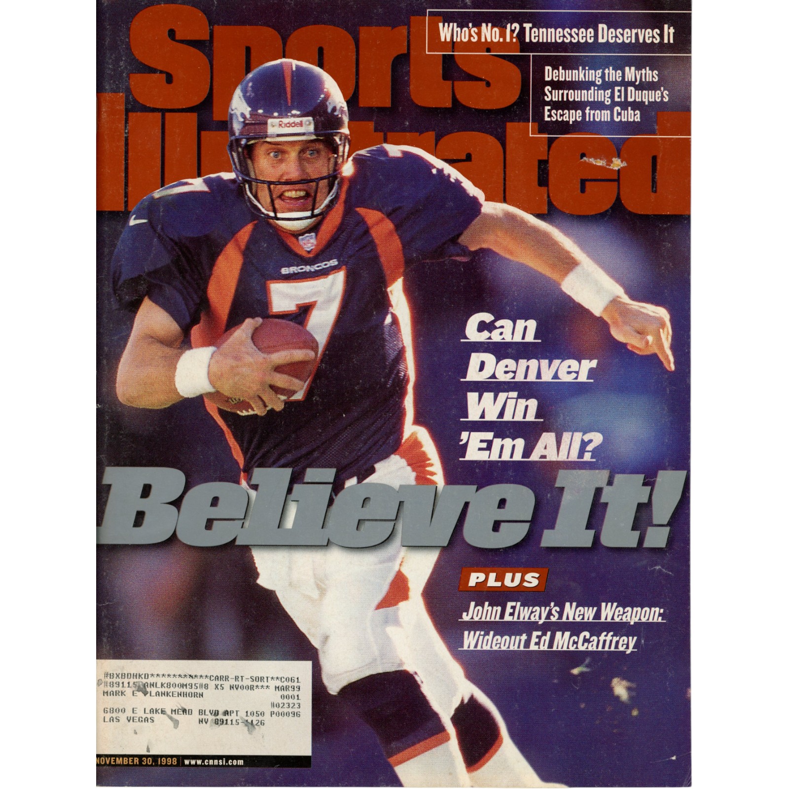 John Elway Denver Broncos Sports Illustrated Magazine 11/30/1998 51551
