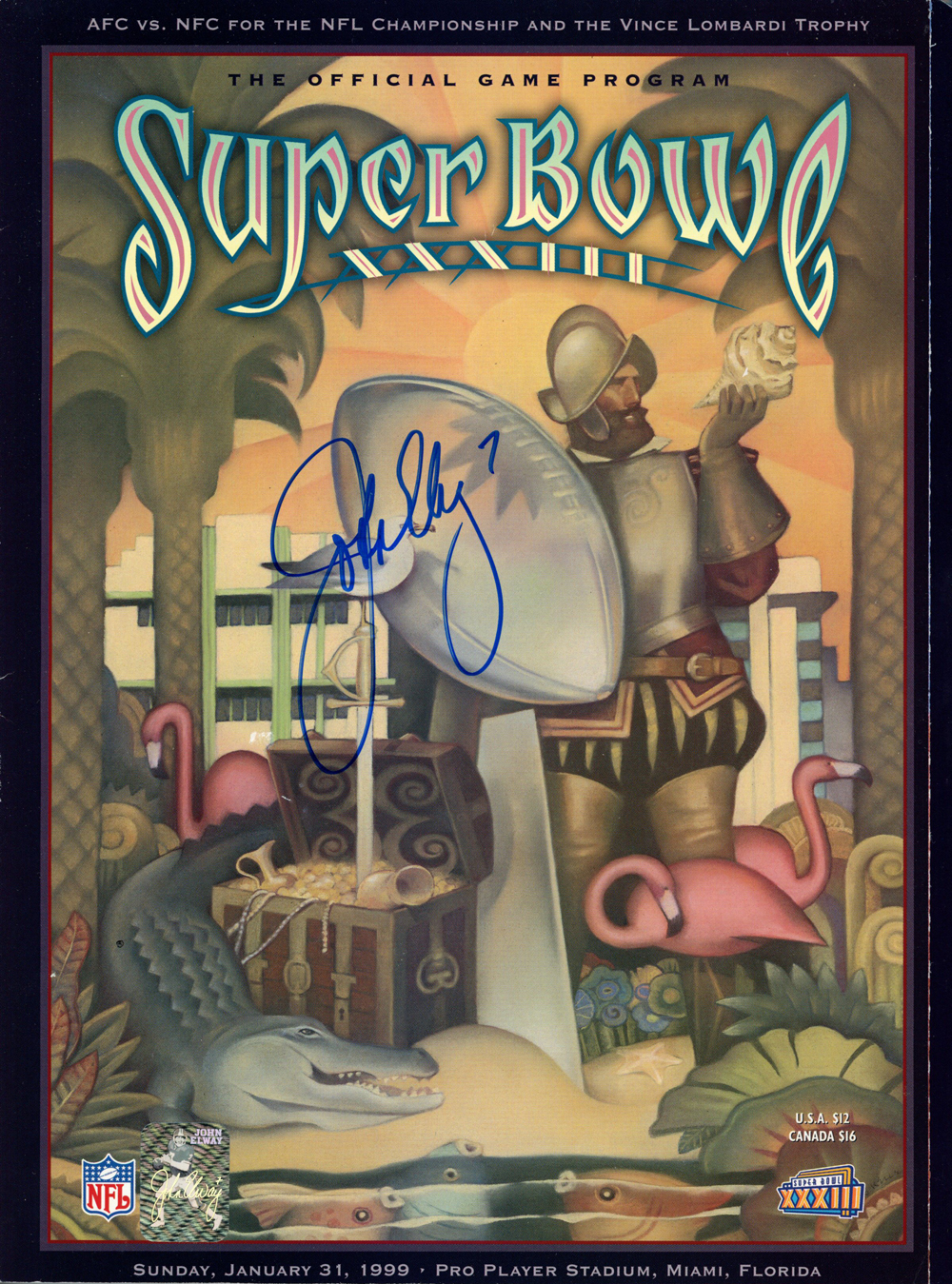 John Elway Autographed/Signed Super Bowl XXXIII Program Beckett 37394