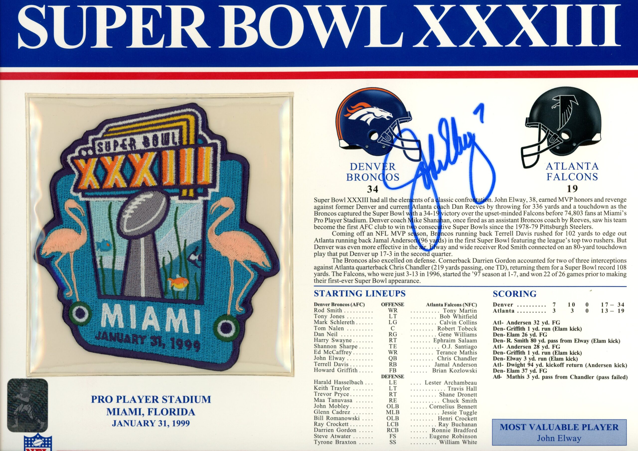 John Elway Autographed Denver Broncos SB XXXIII Patch Stat Card Beckett 54946