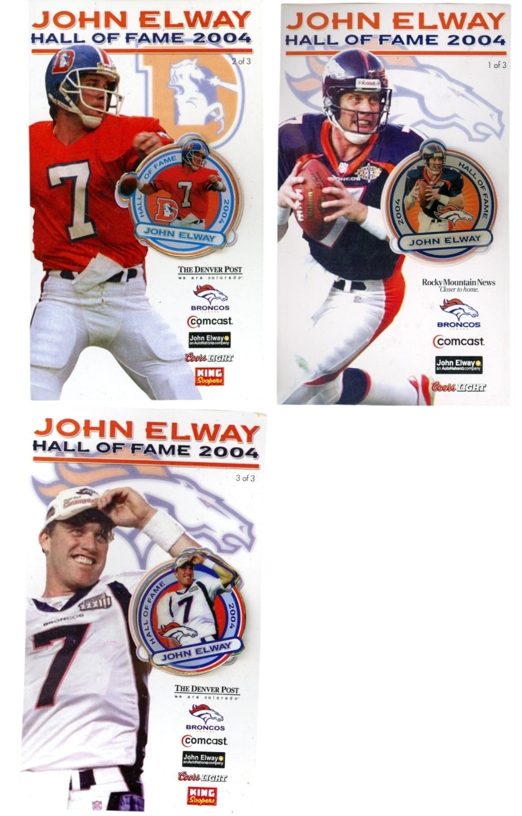 John Elway Denver Broncos NFL Hall of Fame 2004 3 Pin Set 58012