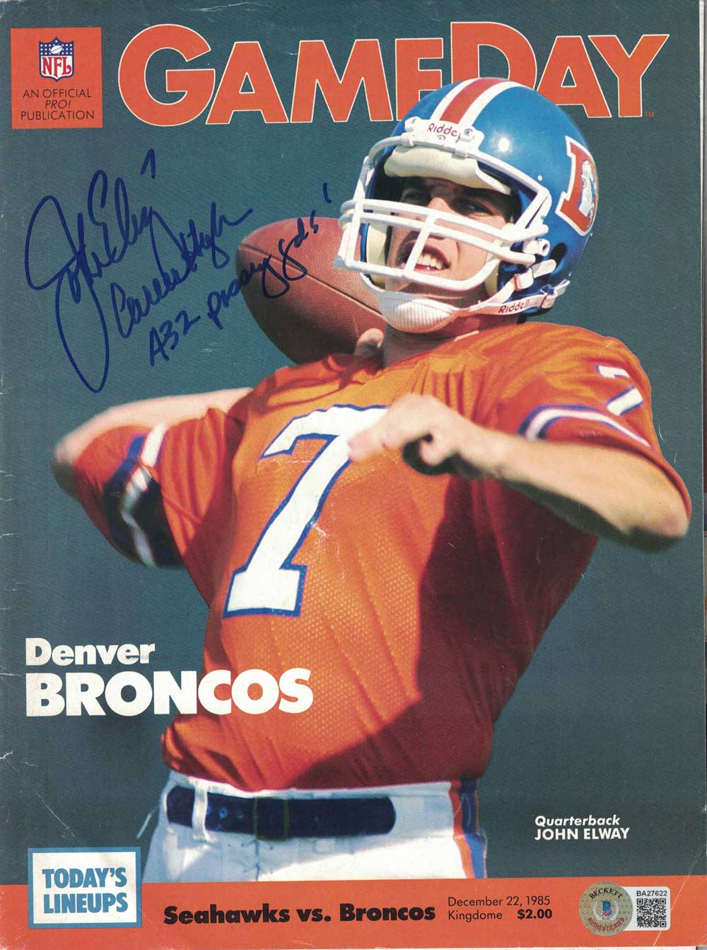 John Elway Signed Denver Broncos 1985 Gameday Program 432 Yards BAS 32137